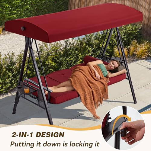 Image of 3 in 1 Outdoor Porch Swing with Adjustable Canopy, 3 Seat Outdoor Swing for Adults, Patio Swing Chair with Thickened Cushions,Pillows & Cup Holders for Backyard, Porch, Garden (Wine Red)