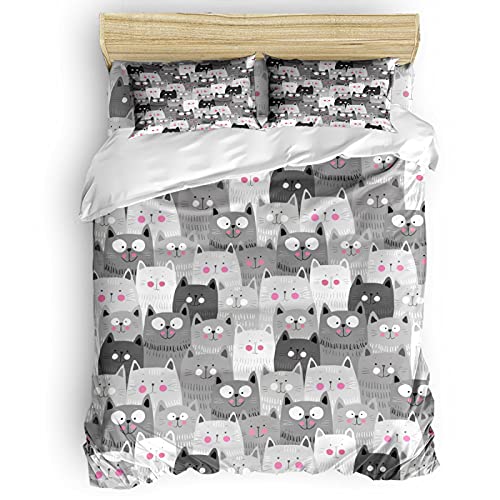 HUIJIE Juego De Ropa De Cama Para Niños, Dibujos Animados Gato Gris Kawaii 200X200CM Juego De 4...
