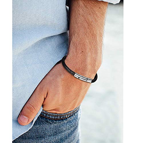 FOCALOOK Braided Leather Bracelets for Men, Black/Brown Stainless Steel Engraved Inspirational Bangle Cuff Bracelet with Clasp, Valentines Day Gifts for Him Husband Friends2