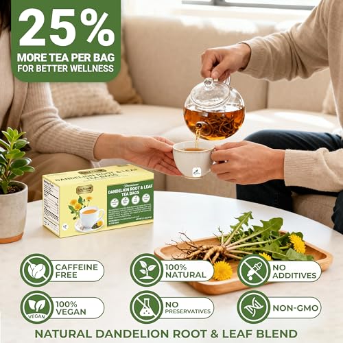 Image of LeafLea Dandelion Root and Leaf Tea Bags, 40 Count, Roasted Dandelion Root Tea Blend, Natural Herbal Tea for Digestion & Wellness, Te de Diente de Leon, Individually Wrapped, Caffeine-Free, No Sugar