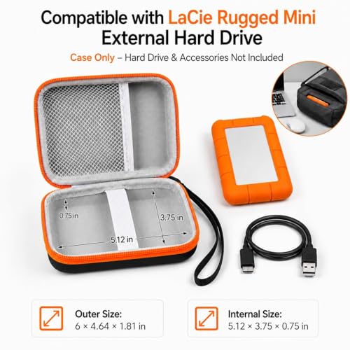 Image of ALKOO Case for LaCie Rugged Mini 1TB /2TB /4TB /5TB External Hard Drive | Portable HDD Holder, Cable Pocket, SD Card Storage, for Photographers, Creators, Students, Office, Travel, Case Only, Orange