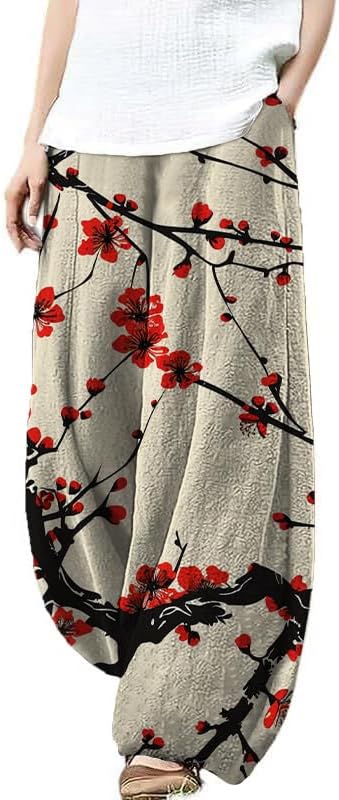 Japanese Artistic Pattern Wide Leg Pants for Women Waist Elastic Lounge Lantern Trousers with Pockets