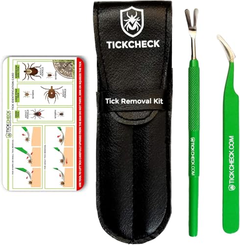 TickCheck Premium Tick Remover Kit - Stainless Steel Tick Remover + Tweezers, Leather Case, and Free Pocket Tick Identification Card (1)