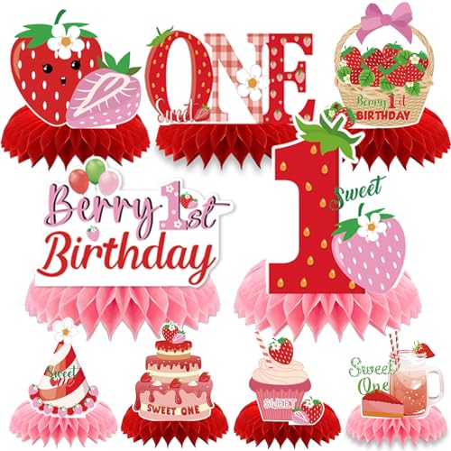 Image of Berry First Birthday Decor - 9PCS Sweet One Birthday Party Decorations Cute Strawberry 1st Birthday Decorations Berry First Birthday Party Table Centerpiece Decor Supplies Baby Girls