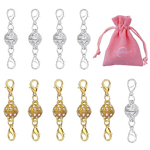 Aiskaer 10 Pcs Gold Color and Silver Color Rhinestone Ball Style Magnetic Lobster Clasps for Jewelry Necklace Bracelet