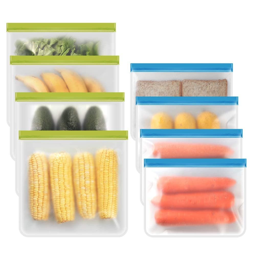 8 Pack Reusable Food Storage Bags, Reusable Freezer Bag Seal & Leak Proof, BPA Free Reusable Storage Bag for Lunch Marinate Food Travel, Marinate Meats, Salad, Fruit