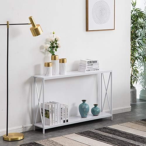 Miyahome 2 Tier X Design Console Table, Wood Sofa Side Table with Storage Shelf Entry Hall Table Accent Table Bookshelf Bookcase Furniture for Living Room Entryway, 47.3×9×29 inches, White