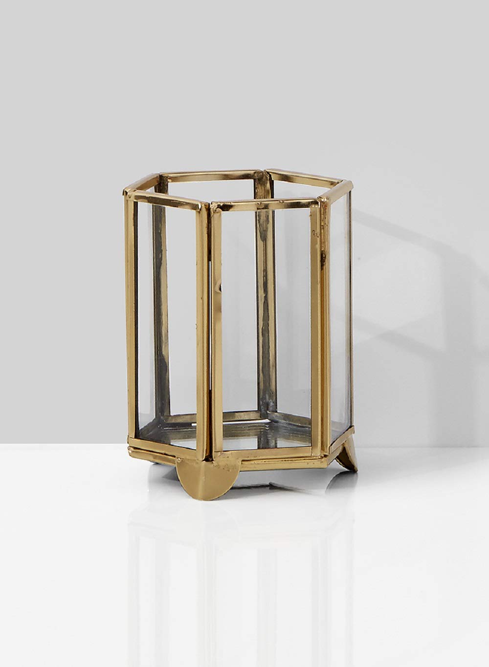 Serene Spaces LivingGold Hexagon Glass Tea Light Holder, Small Size, Measures 4 inches Tall