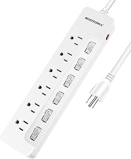 ROOTOMA Power Strip Surge Protector with Individual Switches,ETL Certified,6-Foot 14AWG Long Extension Cord 1875W/15A Wall Mount for Office Dorm Home Theatre (6outlets-6ft)