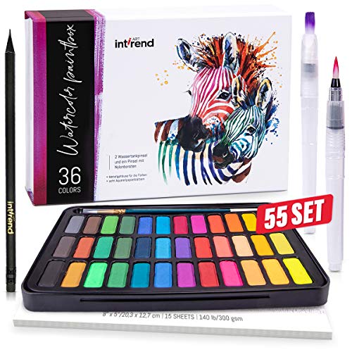 int!rend Watercolor paint set watercolor paintbox consisting of 36 water paints, 1 brush, 2 water brushes, 15 watercolor paper and pencil - Painting Box for beginners and professionals