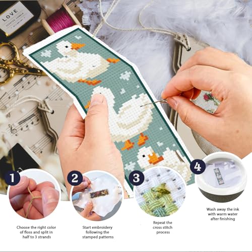 Image of INFUNLY 6PCS Duck Cross Stitch Bookmark Kit for Beginners 2.99''x8.54'' Duckling Stamped Embroidery Bookmark Kits with Words Animals Needlepoint Bookmark Kit with Instruction for Book Lovers Readers