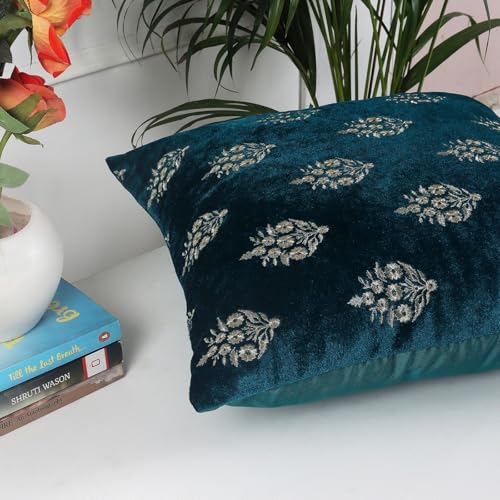 Image of Decoghar Turquoise Handmade Sofa Cushion Covers | Golden Zari Leaf Embroidered Square Throw Pillow Cushion Cover | 16 X 16 Inch | Pack of 2