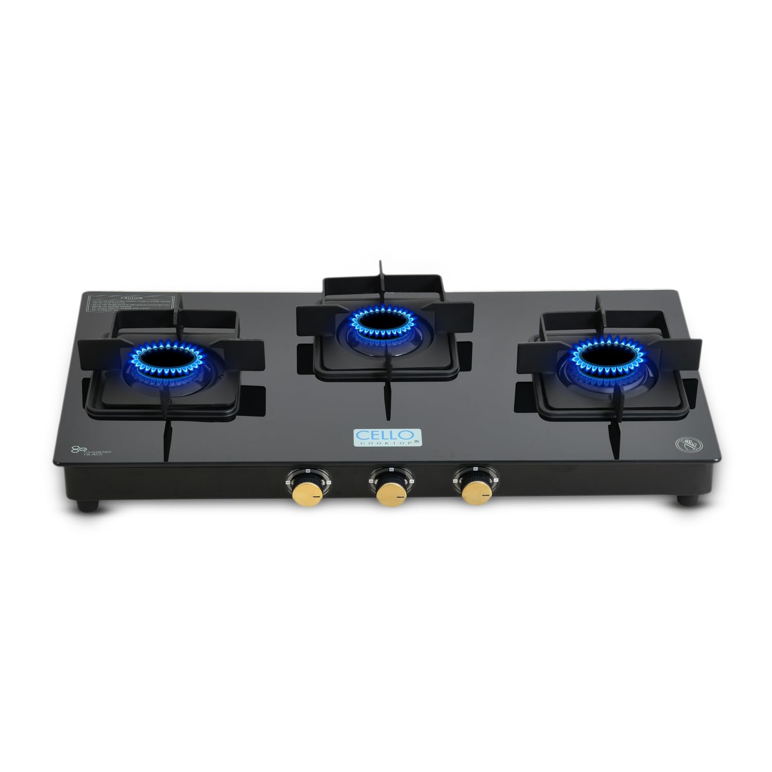 Cello Black Pearl 3 Burner Toughened Glass Top Gas Stove, Brass Burners, Black Finish Brass Manual Gas Stove, 1 Year Warranty (3 Burner)