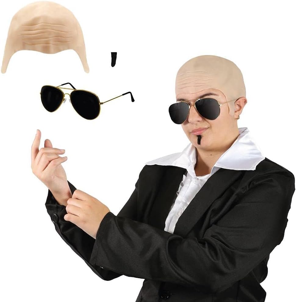 Adults Mr Worldwide Accessory Set - Nude Bald Cap, Black Sunglasses, Black Soul Patch - Mens Ladies Music Icon Famous Celebrity Fancy Dress Costume Accessory Set