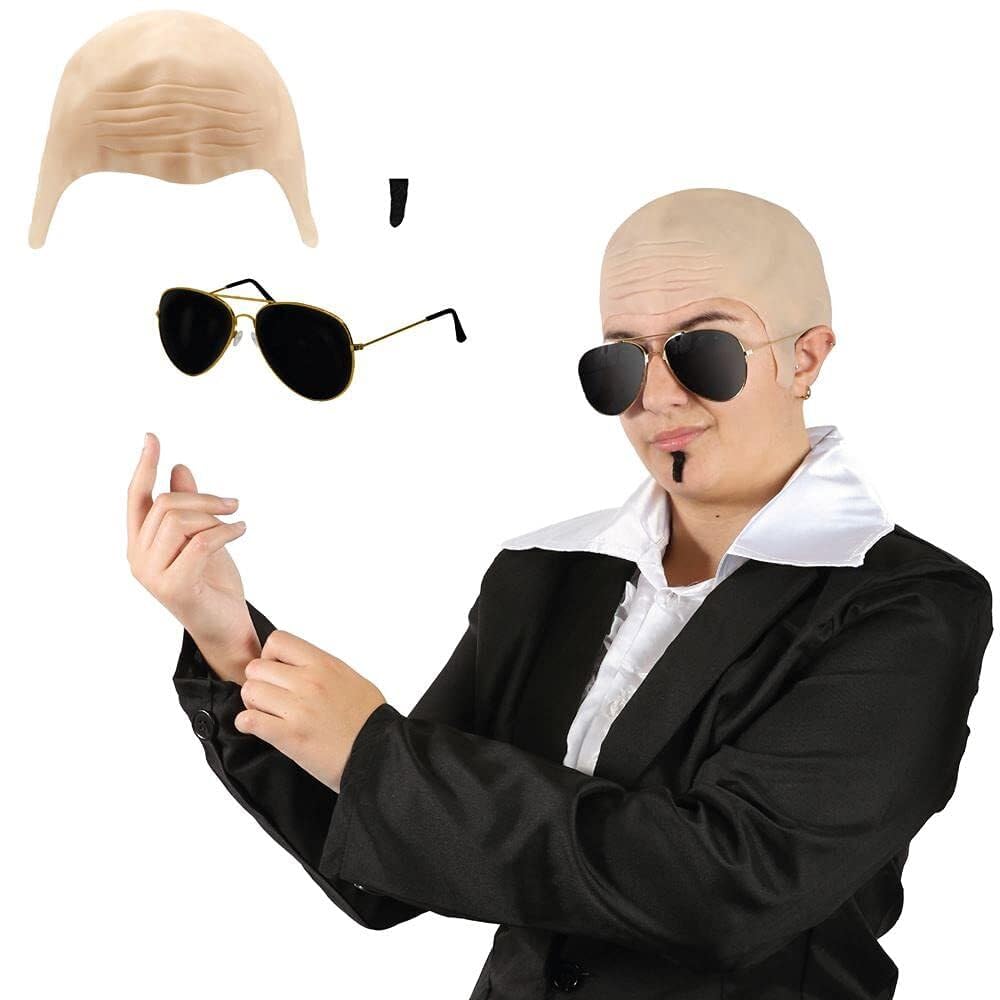 Adults Mr Worldwide Accessory Set - Nude Bald Cap, Black Sunglasses, Black Soul Patch - Mens Ladies Music Icon Famous Celebrity Fancy Dress Costume Accessory Set