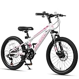 Glerc Skyline VTT pour garçons et Filles de 20 Pouces pour 6, 7, 8, 9, 10, 11, 12 Ans, vélo à 21 Vitesses avec Suspension Avant et Freins à Disque et Cadre Stable, Rose