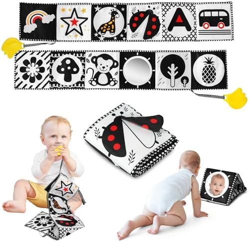 Mirrors - Melican Black and White High Contrast Baby Toys 0-6 6-12 Months, Soft Book with Teether, Newborn Infants Tummy Time Toys, 0-3 3-6 Month Sensory Visual Stimulation, Montessori Learning Essentials