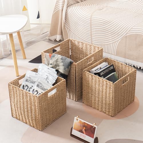 Foldable Square Baskets Set of 4, Paper Woven Storage Cube Bins with Handles for Shelves Cubby Organizing (Natural, 13'' x 13'' x 13'') by CYMFBSFBU - Image 7