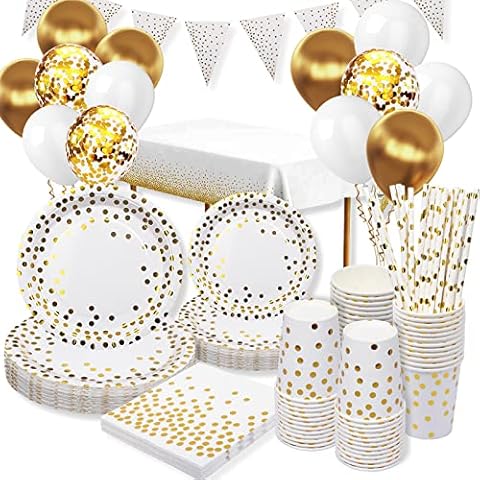 GOLDNICE Partygeschirr Set Weiß und Gold, 25 Gäste Pappteller Geschirr mit Ballon, Servietten, Papierbecher, Stroh, Tischdecke für Kindergeburtstag Geburtstag Hochzeit Dekoration Cover