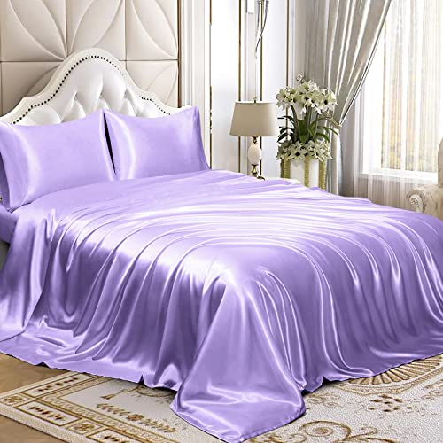 Homiest Juego de sábanas de satén de 4 Piezas, Juego de Ropa de Cama de satén Sedoso de Lujo con Bolsillo Profundo, 1 sábana Bajera + 1 sábana encimera + 2 Fundas de Almohada (tamaño King, Lavanda)