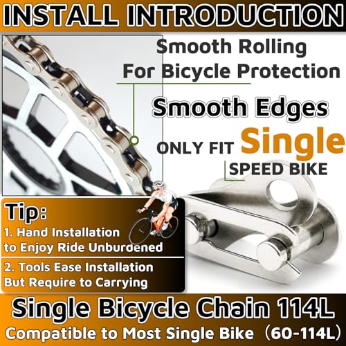 Single Speed Bike Chain,114 Total Links,1/2\" x1/8\" Bicycle Chain,Chain Replacement for Road Mountain Bike/BMX/MTB/Fixies/Cruisers/Track/Single Speed Bikes