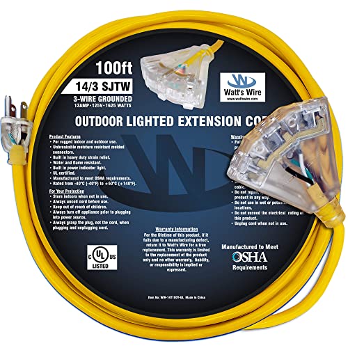 100 Ft - 14 Gauge Heavy Duty 3-Outlet Lighted Sjtw Indoor/Outdoor Yellow Extension Cord By Watt's Wire - Long 100' 14-Gauge Grounded 13-Amp Power-Cord (100 Foot 14-Awg Yellow) #TOP5