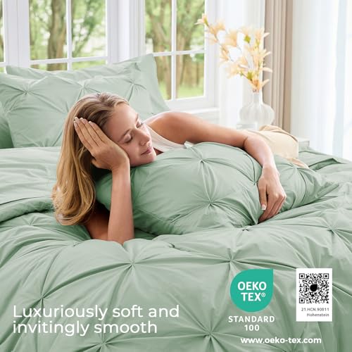 Image of Sasttie Full Size Comforter Set, 7-Piece Bed in a Bag, Pintuck Bedding Set for All Season, Includes Comforter, Flat Sheet, Fitted Sheet, Pillowcases and Pillowshams, Light Sage Green
