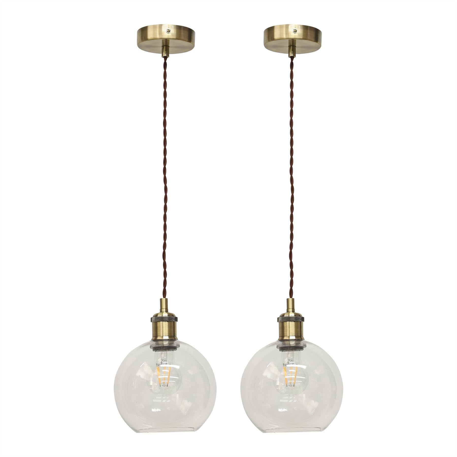 Firstchoicelighting Antique Brass & Clear Set Of 2 Barnum - Clear Glass Globe Antique Brass Retro Pendants