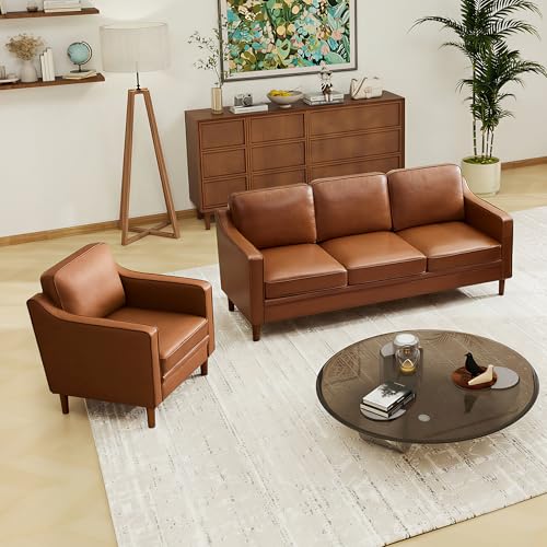 Image of Kingfun Couch Sets for Living Room, 3 Seater Couch and Armchair, Mid Century Modern Sofa Set, Faux Leather Couch with Solid Wood Frame for Bedroom