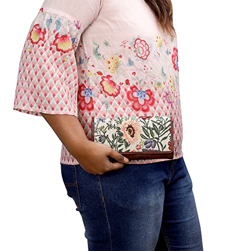 Image of THE CLOWNFISH Sharon Collection Tapestry Fabric & Faux Leather Snap Flap Closure Womens Wallet Clutch Ladies Purse with Multiple Card Holders (Flax)