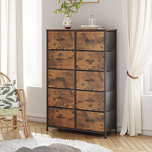 Wlive Tall Dresser For Bedroom With 10 Drawers, Chest Of Drawers, Fabric Dresser For Nursery, Closets, Storage Organizer Unit With Fabric Bins, Steel Frame, Wood Top, Rustic Brown Wood Grain Print #TOP3