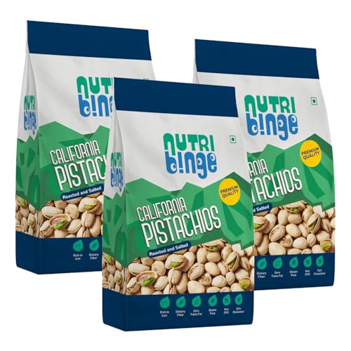 Image of NUTRI BINGE Pistachios (Pista 500 Grams) - Pack of 3, Premium California Roasted and Salted Pista Dry Fruits, Fresh Nutrient Rich Vegan Healthy Snacks
