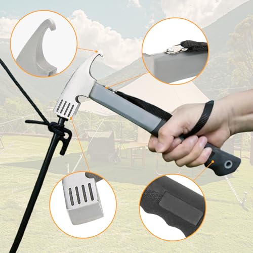 Campinghammer, Heringe Hammer mit Heringauszieher und Halteband, 30 x 11 cm Kohlenstoffstahl Zeltheringe Pflock Hämmer Mallet Heringzieher Zelthammer für Außenbereich Zeltheringe Rutschfest Kopf