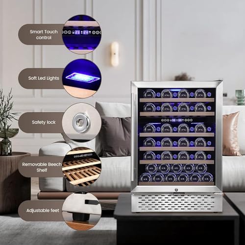 GarveeHome 51 Bottle Wine Cooler Upgraded, Dual Zone 24" Wine Fridge Cooler, Seamless Stainless Steel Design, Digital Temperature Control, Built-in or Freestanding, Glass Door, Quiet Compressor