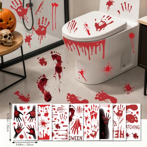Image of Halloween Bloody Handprint & Footprint Stickers, Spooky Scary Horror Decor | 8 Sheets Blood Splatter Window Decals, Kitchen & Bathroom Floor Mirror Wall Decor, Home Office Halloween Party Decorations