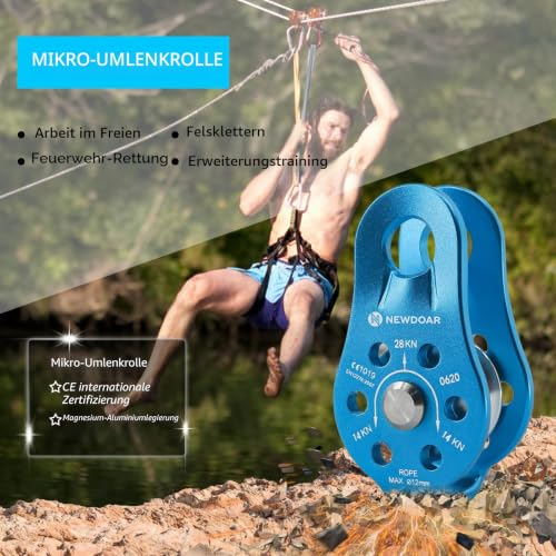 NewDoar CE-Zertifizierter 28KN Mikro Seilrolle Umlenkrolle zum Klettern, Rettungsheben und zur Anhängerkupplung Riemenscheiben(A Stil Blau 1 Stück)
