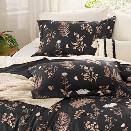 Image of Bedsure Comforter Set Queen Size - Floral Bedding Comforter Set, 3 Pieces, 1 Soft Black Comforter and 2 Pillow Shams