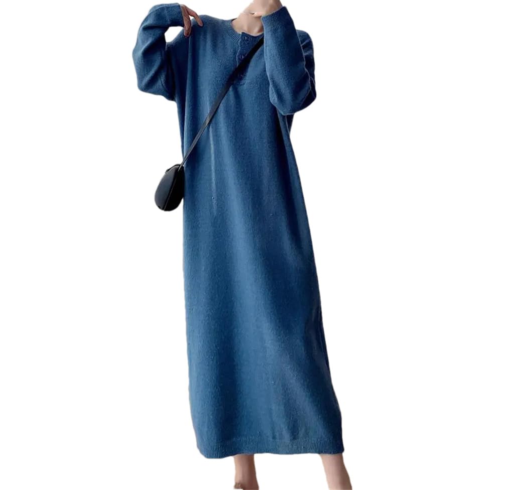 Robe pull en tricot à manches longues et col rond pour femme, robe pull vintage mi-mollet d'automne