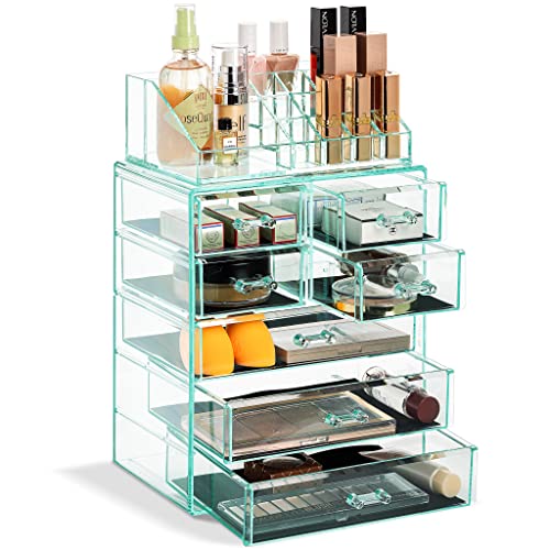 Image of Sorbus Acrylic Makeup Organizer Set, 7-Drawer Vanity & Countertop Cosmetic Storage with Small & Wide Compartments, Teal Thrill Makeup Storage for Brushes, Jewelry - Holiday Gift for Women & Teens