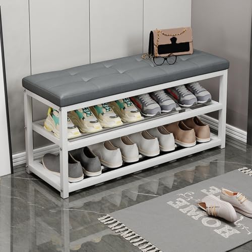 Banc à chaussures en métal et cuir PU rembourré à 3 niveaux pour entrée et salon
