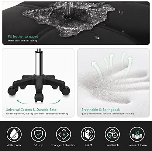 FURWOO Square Swivel Stool with Wheels PU Leahter Rolling Stool Height Adjustable Stool for Spa Salon Massage Black