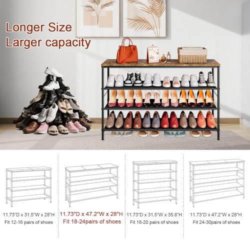 Image of INGIORDAR Shoe Rack Organizer 5 Tier Metal Organizer Shelf with Industrial MDF Board and Layer Fabric for Entryway Closet Bedroom Living Room Garage (Black+Rustic Brown, 4 Tier(47.2 inch W))