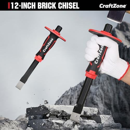 Image of Masonry Chisel, Heavy Duty Flat End Rock Concrete Mortar Stone Brick Chisel with Protective Hand Guard for Breaking Carving Splitting Cutting Mason Tools (12-Inch)