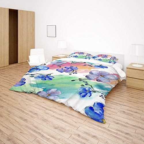 Housse de couette aquarelle anti-plis fleurs bleu botanique polyester