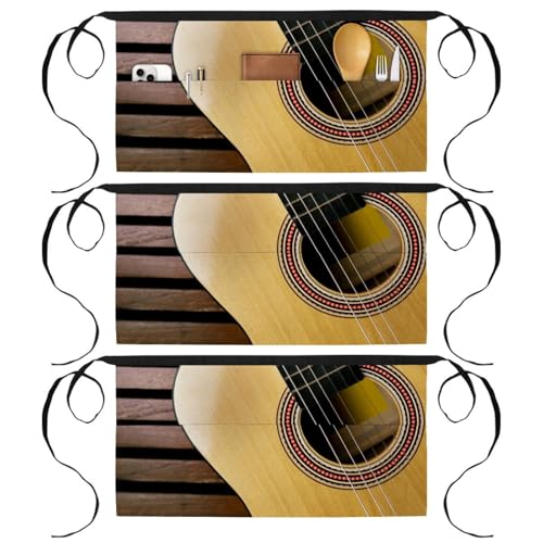 Tablier pour cuisine à 3 poches lot de 3 demi-tabliers compacts motif guitare rétro
