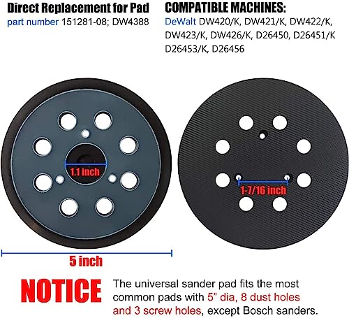 2 Pack 5\" 8-Hole Hook and Loop Replacement Sander Pad for Dewalt- 5 Inch Sanding Backing Pads for DeWalt DW420 DW421 DW422 DW423 DW426 D2645#151281-08/DW4388 (2-Pack)
