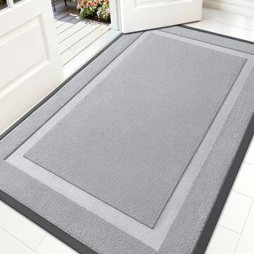 Image of OLANLY Front Door Mat Indoor Outdoor Entrance, Waterproof All-Season, All-Weather Doormat, Sturdy Natural Rubber, Low Profile, Easy Clean Patio Porch Entryway Mat, 59x34, Silver Gray