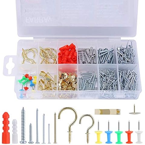 FARRAY Repair and Wall Hanging Kit: Screws, Nails, Drywall Anchors, Picture Hangers, Cup Hooks, Push Pins, Thumb Tacks, 600pcs Cover