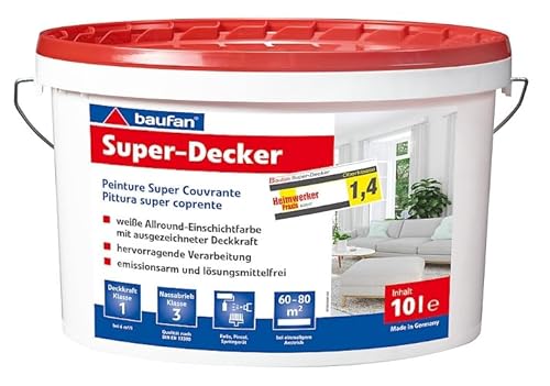 baufan Super-Decker 10 Liter Weiße Wandfarbe | Deckkraftklasse 1 | Stumpfmatt | Weiße Farbe Innen | Nassabriebbeständigkeit Klasse 3 | Lösungsmittel- & Weichmacherfrei | Airless Spritzbar