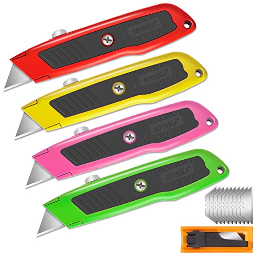 Image of DIYSELF 4 Pack Box Cutter Retractable, Razor Knife with Auto Lock, Box Opener with 10 Blades, Box Knife, Sharp Utility Knife Retractable, Boxcutter for Cardboard, Carton, Drywall, Exacto Knife